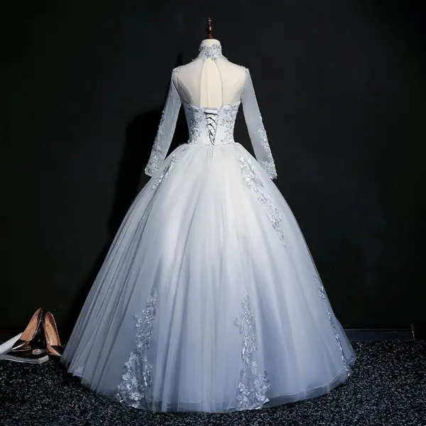 Classique Bleu Ciel Transparentes Robe De Bal 2018 Robe Boule Col Haut Manches Longues Appliques En Dentelle Perle Perlage Paillettes Longue Volants Dos Nu Robe De Ceremonie