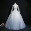 Classique Bleu Ciel Transparentes Robe De Bal 2018 Robe Boule Col Haut Manches Longues Appliques En Dentelle Perle Perlage Paillettes Longue Volants Dos Nu Robe De Ceremonie