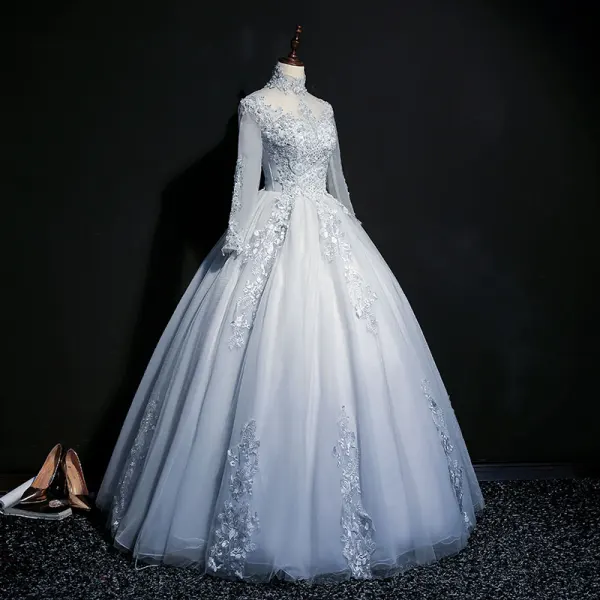 Classique Bleu Ciel Transparentes Robe De Bal 2018 Robe Boule Col Haut Manches Longues Appliques En Dentelle Perle Perlage Paillettes Longue Volants Dos Nu Robe De Ceremonie