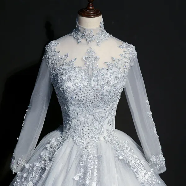 Classique Bleu Ciel Transparentes Robe De Bal 2018 Robe Boule Col Haut Manches Longues Appliques En Dentelle Perle Perlage Paillettes Longue Volants Dos Nu Robe De Ceremonie