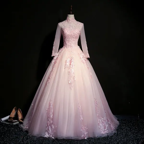 Classique Bleu Ciel Transparentes Robe De Bal 2018 Robe Boule Col Haut Manches Longues Appliques En Dentelle Perle Perlage Paillettes Longue Volants Dos Nu Robe De Ceremonie