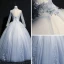 Classique Bleu Ciel Transparentes Robe De Bal 2018 Robe Boule Col Haut Manches Longues Appliques En Dentelle Perle Perlage Paillettes Longue Volants Dos Nu Robe De Ceremonie