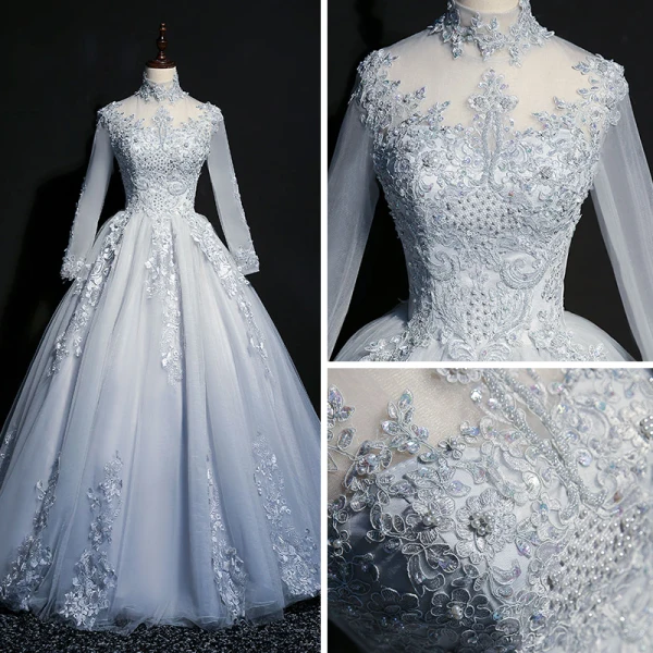 Classique Bleu Ciel Transparentes Robe De Bal 2018 Robe Boule Col Haut Manches Longues Appliques En Dentelle Perle Perlage Paillettes Longue Volants Dos Nu Robe De Ceremonie