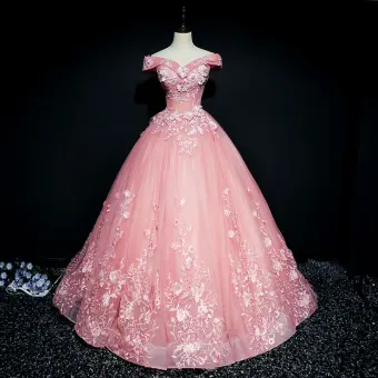 Chic Beautiful Candy Pink Prom Dresses 2018 Ball Gown Off The Shoulder Short Sleeve Appliques Lace Pearl Sequins Floor Length Long Ruffle Backless Formal Dresses
