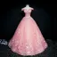 Chic / Belle Rose Bonbon Robe De Bal 2018 Robe Boule De l'épaule Manches Courtes Appliques En Dentelle Perle Paillettes Longue Volants Dos Nu Robe De Ceremonie