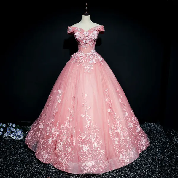 Chic / Beautiful Candy Pink Prom Dresses 2018 Ball Gown Off-The-Shoulder Short Sleeve Appliques Lace Pearl Sequins Floor-Length / Long Ruffle Backless Formal Dresses