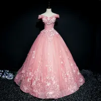Schöne Pink Ballkleider 2018 Ballkleid Off Shoulder Kurze Ärmel Applikationen Spitze Perle Pailletten Lange Rüschen Rückenfreies Festliche Kleider