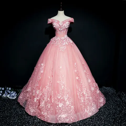 Schöne Pink Ballkleider 2018 Ballkleid Off Shoulder Kurze Ärmel Applikationen Spitze Perle Pailletten Lange Rüschen Rückenfreies Festliche Kleider