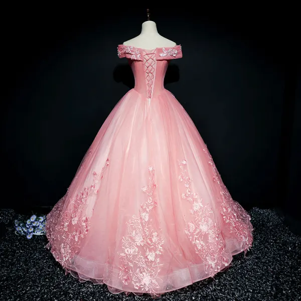 Chic / Belle Rose Bonbon Robe De Bal 2018 Robe Boule De l'épaule Manches Courtes Appliques En Dentelle Perle Paillettes Longue Volants Dos Nu Robe De Ceremonie