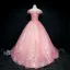 Chic / Belle Rose Bonbon Robe De Bal 2018 Robe Boule De l'épaule Manches Courtes Appliques En Dentelle Perle Paillettes Longue Volants Dos Nu Robe De Ceremonie