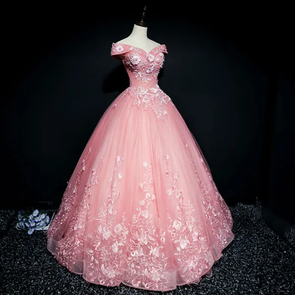 Chic / Belle Rose Bonbon Robe De Bal 2018 Robe Boule De l'épaule Manches Courtes Appliques En Dentelle Perle Paillettes Longue Volants Dos Nu Robe De Ceremonie