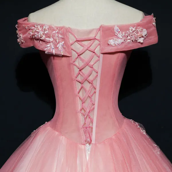Chic / Belle Rose Bonbon Robe De Bal 2018 Robe Boule De l'épaule Manches Courtes Appliques En Dentelle Perle Paillettes Longue Volants Dos Nu Robe De Ceremonie