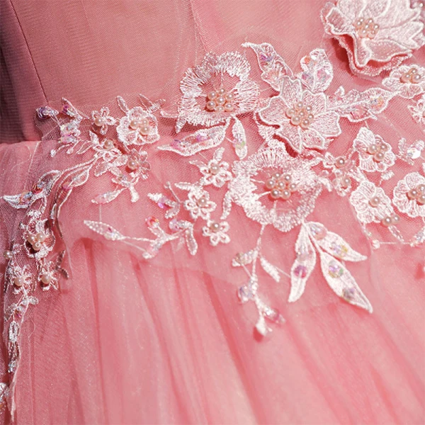 Chic / Belle Rose Bonbon Robe De Bal 2018 Robe Boule De l'épaule Manches Courtes Appliques En Dentelle Perle Paillettes Longue Volants Dos Nu Robe De Ceremonie