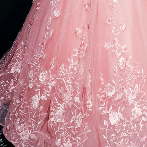 Chic / Belle Rose Bonbon Robe De Bal 2018 Robe Boule De l'épaule Manches Courtes Appliques En Dentelle Perle Paillettes Longue Volants Dos Nu Robe De Ceremonie