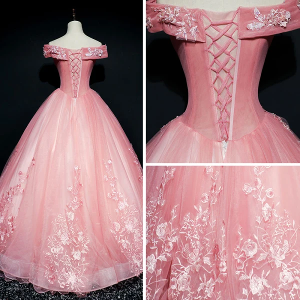 Chic / Belle Rose Bonbon Robe De Bal 2018 Robe Boule De l'épaule Manches Courtes Appliques En Dentelle Perle Paillettes Longue Volants Dos Nu Robe De Ceremonie