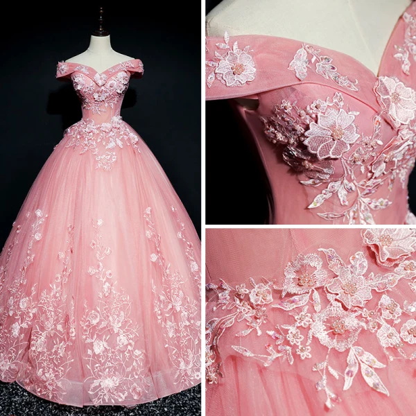 Chic / Belle Rose Bonbon Robe De Bal 2018 Robe Boule De l'épaule Manches Courtes Appliques En Dentelle Perle Paillettes Longue Volants Dos Nu Robe De Ceremonie