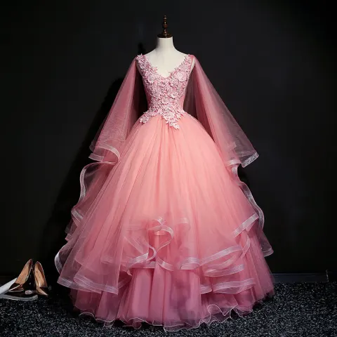 Elegante Pink Ballkleider 2018 Ballkleid V-Ausschnitt Ärmellos Applikationen Spitze Perle Pailletten Lange Fallende Rüsche Rückenfreies Festliche Kleider