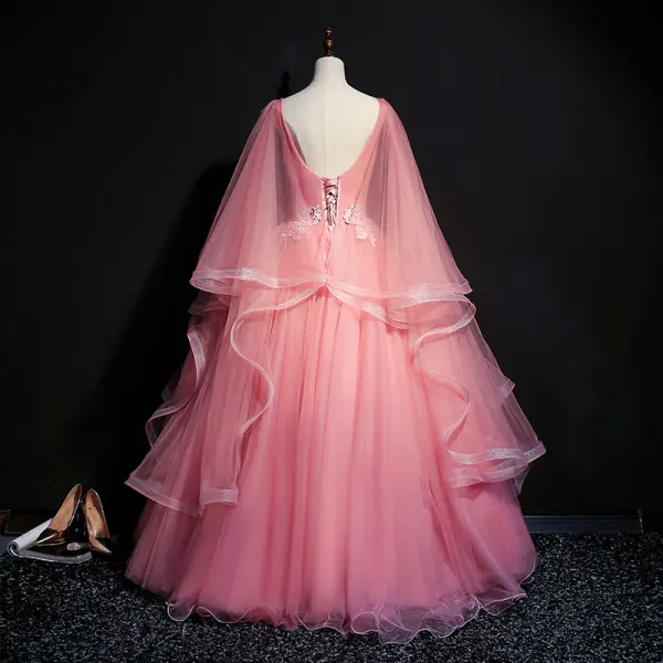 Elegant Candy Pink Prom Dresses 2018 Ball Gown V-Neck Sleeveless Appliques Lace Pearl Sequins Floor-Length / Long Cascading Ruffles Backless Formal Dresses