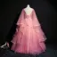 Elegant Candy Pink Prom Dresses 2018 Ball Gown V-Neck Sleeveless Appliques Lace Pearl Sequins Floor-Length / Long Cascading Ruffles Backless Formal Dresses