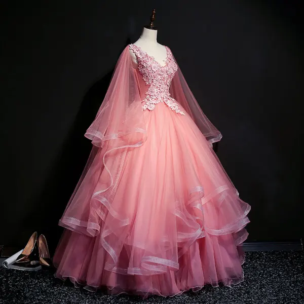 Elegant Candy Pink Prom Dresses 2018 Ball Gown V-Neck Sleeveless Appliques Lace Pearl Sequins Floor-Length / Long Cascading Ruffles Backless Formal Dresses