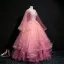 Elegant Candy Pink Prom Dresses 2018 Ball Gown V-Neck Sleeveless Appliques Lace Pearl Sequins Floor-Length / Long Cascading Ruffles Backless Formal Dresses