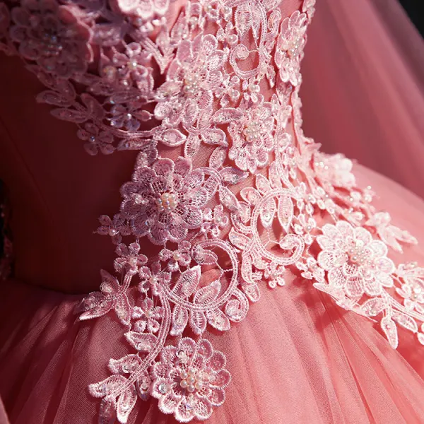 Elegant Candy Pink Prom Dresses 2018 Ball Gown V-Neck Sleeveless Appliques Lace Pearl Sequins Floor-Length / Long Cascading Ruffles Backless Formal Dresses