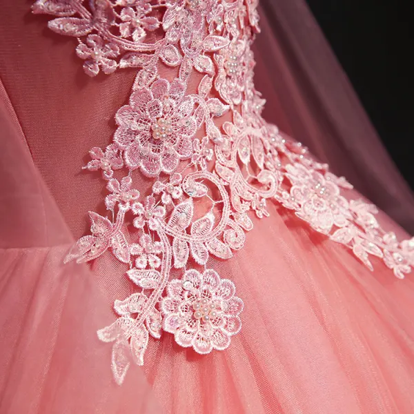 Elegant Candy Pink Prom Dresses 2018 Ball Gown V-Neck Sleeveless Appliques Lace Pearl Sequins Floor-Length / Long Cascading Ruffles Backless Formal Dresses