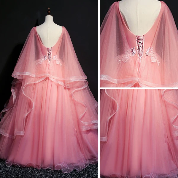Elegant Candy Pink Prom Dresses 2018 Ball Gown V-Neck Sleeveless Appliques Lace Pearl Sequins Floor-Length / Long Cascading Ruffles Backless Formal Dresses