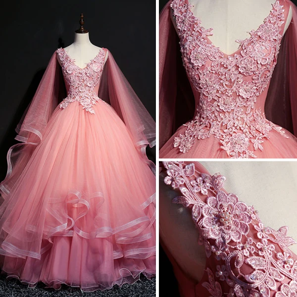 Elegant Candy Pink Prom Dresses 2018 Ball Gown V-Neck Sleeveless Appliques Lace Pearl Sequins Floor-Length / Long Cascading Ruffles Backless Formal Dresses