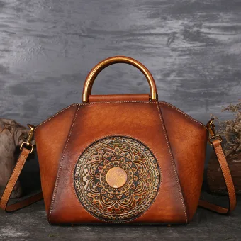 Vintage Retro Brown Street Wear Leather Totem Handbag Women S Bags 2023