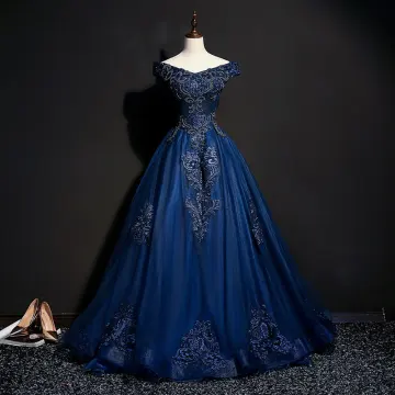 Vintage Donkerblauwe Galajurken 2018 Baljurk Uit De Schouder Korte Mouwen Appliques Kant Parel Kralen Lange Ruche Ruglooze Gelegenheid Jurken