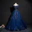 Vintage / Retro Navy Blue Prom Dresses 2018 Ball Gown Off-The-Shoulder Short Sleeve Appliques Lace Pearl Beading Floor-Length / Long Ruffle Backless Formal Dresses