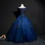 Vintage / Retro Navy Blue Prom Dresses 2018 Ball Gown Off-The-Shoulder Short Sleeve Appliques Lace Pearl Beading Floor-Length / Long Ruffle Backless Formal Dresses