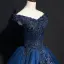 Vintage / Retro Navy Blue Prom Dresses 2018 Ball Gown Off-The-Shoulder Short Sleeve Appliques Lace Pearl Beading Floor-Length / Long Ruffle Backless Formal Dresses