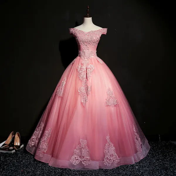 Vintage / Retro Navy Blue Prom Dresses 2018 Ball Gown Off-The-Shoulder Short Sleeve Appliques Lace Pearl Beading Floor-Length / Long Ruffle Backless Formal Dresses