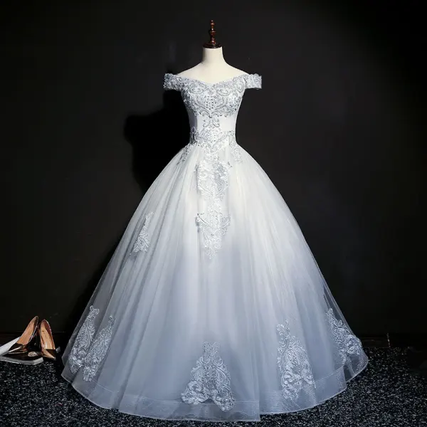Vintage / Retro Navy Blue Prom Dresses 2018 Ball Gown Off-The-Shoulder Short Sleeve Appliques Lace Pearl Beading Floor-Length / Long Ruffle Backless Formal Dresses