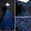 Vintage / Retro Navy Blue Prom Dresses 2018 Ball Gown Off-The-Shoulder Short Sleeve Appliques Lace Pearl Beading Floor-Length / Long Ruffle Backless Formal Dresses