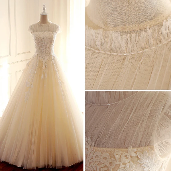 Vintage Champagner Durchsichtige Brautkleider / Hochzeitskleider 2018 A Linie Perlenstickerei Rundhalsausschnitt Ärmel Rückenfreies Applikationen Spitze Sweep / Pinsel Zug Rüschen