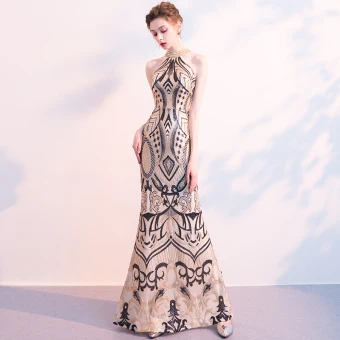 Chic Belle Noire Doré Paillettes Robe De Soirée 2018 Trompette Sirène Encolure Dégagée Bustier Sans Manches Perlage Longue Volants Robe De Ceremonie