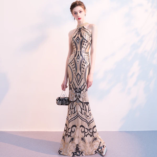 Chic / Beautiful Black Gold Sequins Evening Dresses 2018 Trumpet / Mermaid Scoop Neck Strapless Sleeveless Beading Floor-Length / Long Ruffle Formal Dresses