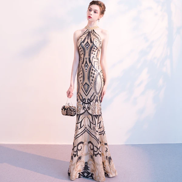 Chic / Beautiful Black Gold Sequins Evening Dresses 2018 Trumpet / Mermaid Scoop Neck Strapless Sleeveless Beading Floor-Length / Long Ruffle Formal Dresses