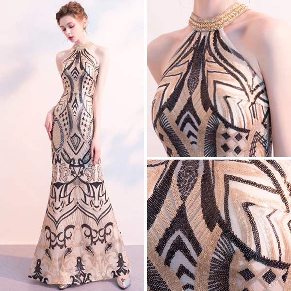 Chic / Beautiful Black Gold Sequins Evening Dresses 2018 Trumpet / Mermaid Scoop Neck Strapless Sleeveless Beading Floor-Length / Long Ruffle Formal Dresses