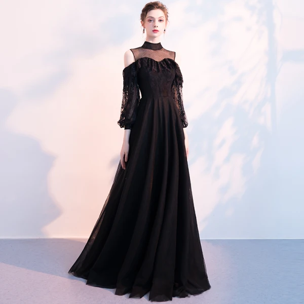 Chic / Belle Noire Robe De Soirée 2018 Princesse Transparentes Col Haut Manches Longues Longue Volants Robe De Ceremonie