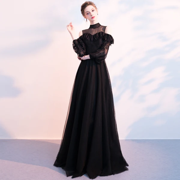 Chic / Belle Noire Robe De Soirée 2018 Princesse Transparentes Col Haut Manches Longues Longue Volants Robe De Ceremonie