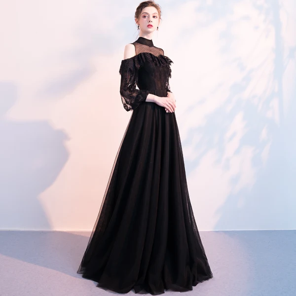 Chic / Belle Noire Robe De Soirée 2018 Princesse Transparentes Col Haut Manches Longues Longue Volants Robe De Ceremonie