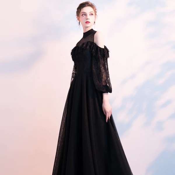 Chic / Belle Noire Robe De Soirée 2018 Princesse Transparentes Col Haut Manches Longues Longue Volants Robe De Ceremonie