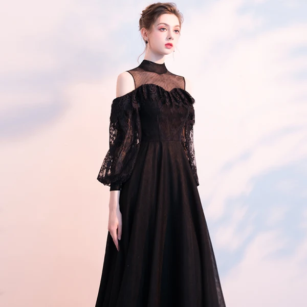 Chic / Belle Noire Robe De Soirée 2018 Princesse Transparentes Col Haut Manches Longues Longue Volants Robe De Ceremonie