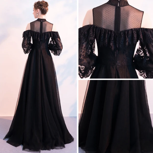 Chic / Belle Noire Robe De Soirée 2018 Princesse Transparentes Col Haut Manches Longues Longue Volants Robe De Ceremonie
