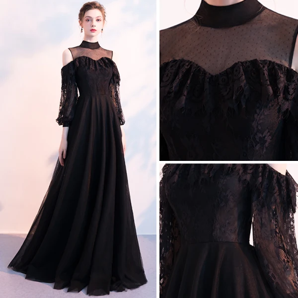 Chic / Belle Noire Robe De Soirée 2018 Princesse Transparentes Col Haut Manches Longues Longue Volants Robe De Ceremonie