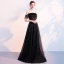 Elegante Schwarz Abendkleider 2018 A Linie Off Shoulder Kurze Ärmel Perlenstickerei Feder Sweep / Pinsel Zug Rückenfreies Festliche Kleider